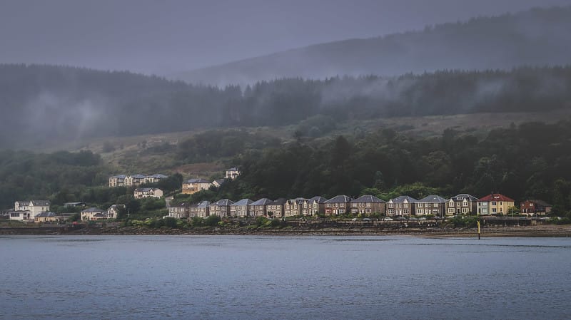 Views of Dunoon in the early morning with lake views and homes off in the distance with a distinct mist