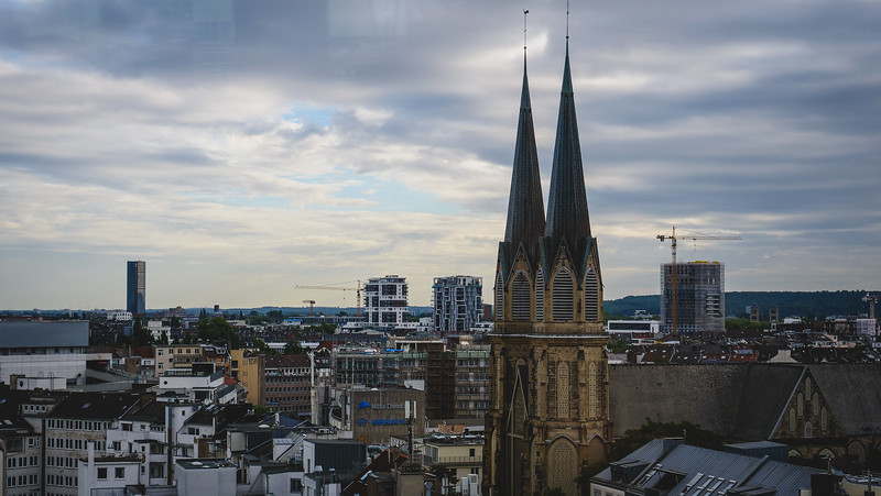 Views of Düsseldorf from the me and all hotel with views of a cathedral and other buildings in Germany 