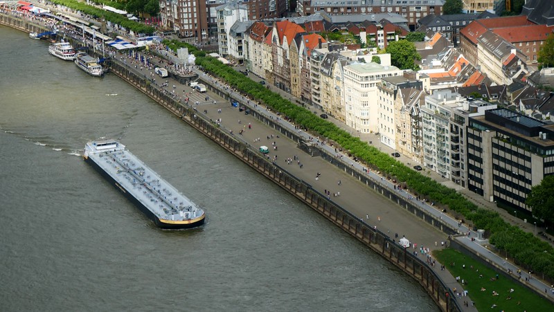 Views of Düsseldorf from the Rhine Tower with buildings and pedestrians looking tiny below in Germany