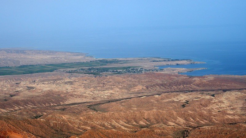 Views of Issyk Kul Lake and Bokonbayevo from the Shatyly Trek offering an incredible high vantage point in Kyrgyzstan