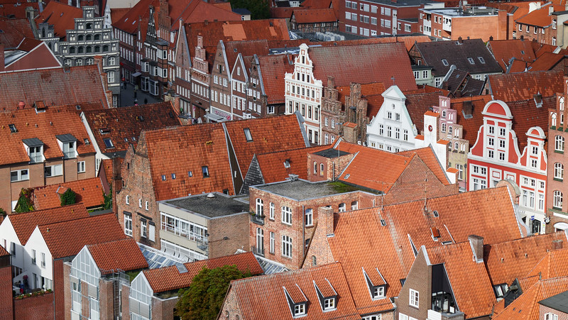 Views of Lüneburg's old town featuring Gothic architecture from a high vantage point and zoomed in focal length in Germany 