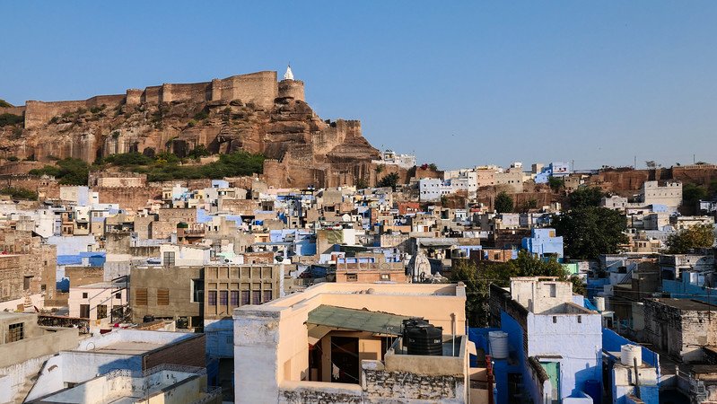 Views of Mehrangarh Fort as seen from our hotel offering an impressive and imposing view dominating the skyline in Johdpur, India