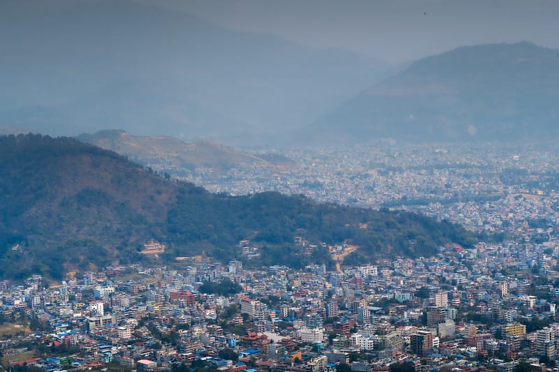 Views of Pokhara from the World Peace Pagoda overlooking the entire city sprawling out in all directions in Nepal