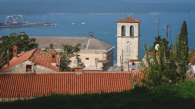 Views of Pula and the harbour from the fortress from a high vantage point in Croatia 