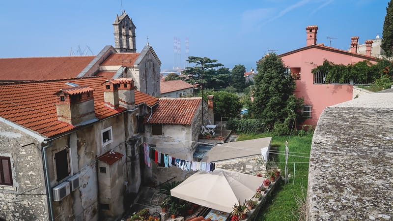 Views of Pula from the fortress with distinct rooftop views and clothes hanging out to dry