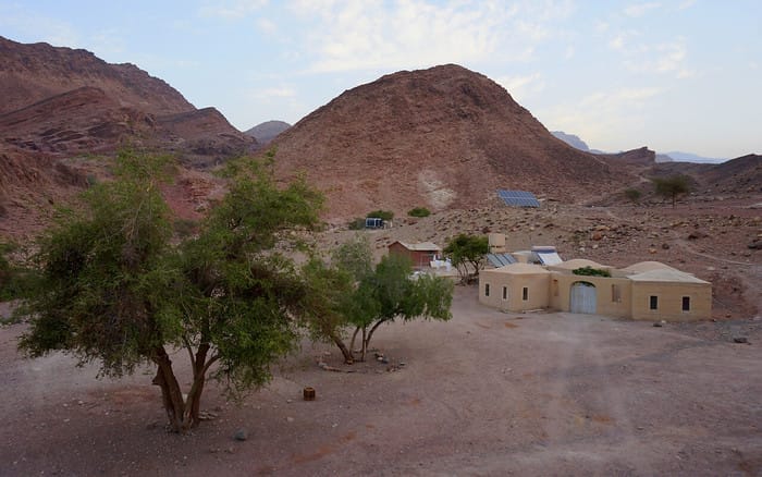 Views of the biosphere in Jordan from a wide angle perspective of the Fenyan Ecolodge which naturally blends into the rugged desert landscapes