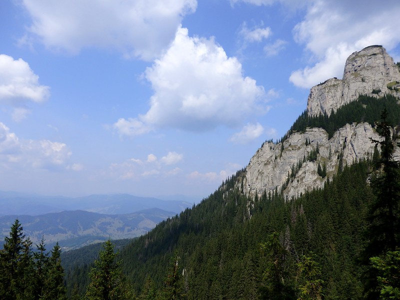 Views of the Eastern Carpathians in Ceahlau National Park, Romania with its distinct rugged features of dense forest followed by barren peaks