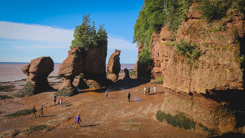 Views of the Hopewell Rocks at low tide in New Brunswick with people looking like specs compared to the rocks and tree formations 