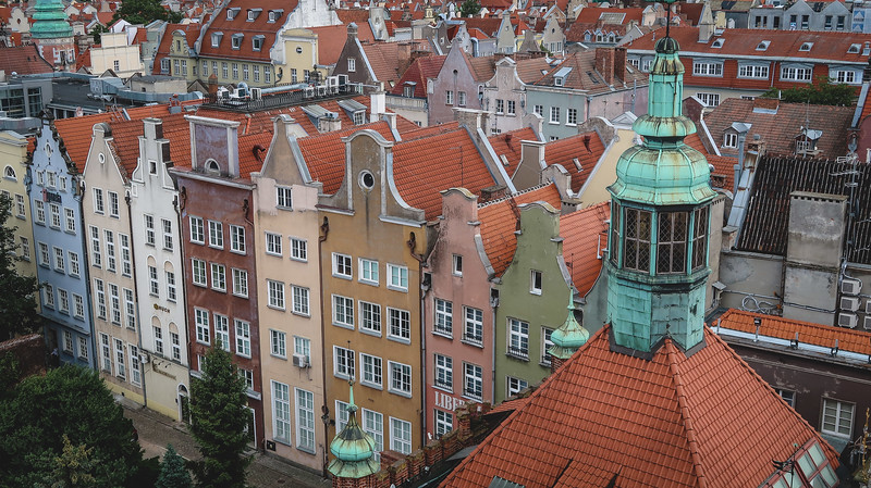 Views of the Old Town from the Amber Museum where you can the rooftops of other buildings in Gdansk, Poland