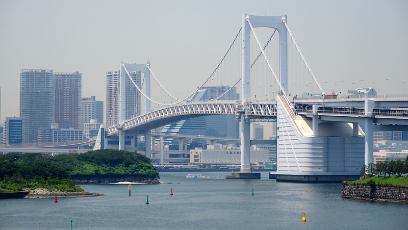 Views of the rainbow bridge from Odaiba, Japan and skyscraper skyline in Japan Views of the rainbow bridge from Odaiba, Japan and skyscraper skyline in Japan
