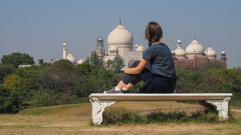 Views of the Taj Mahal from the Taj Forest Walk as enjoyed by That Backpacker Audrey Bergner sitting on a park bench