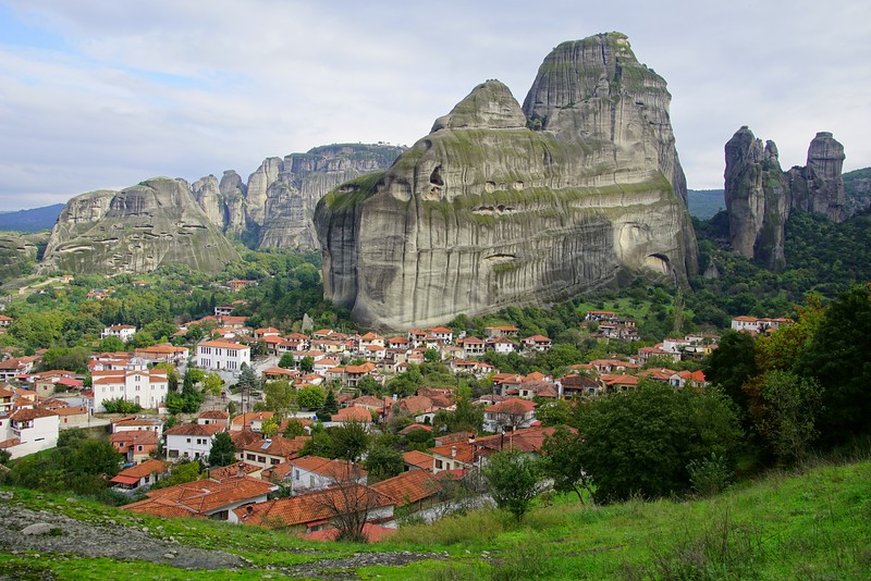 Views of the town in Meteora, Greece from a hillside vantage point