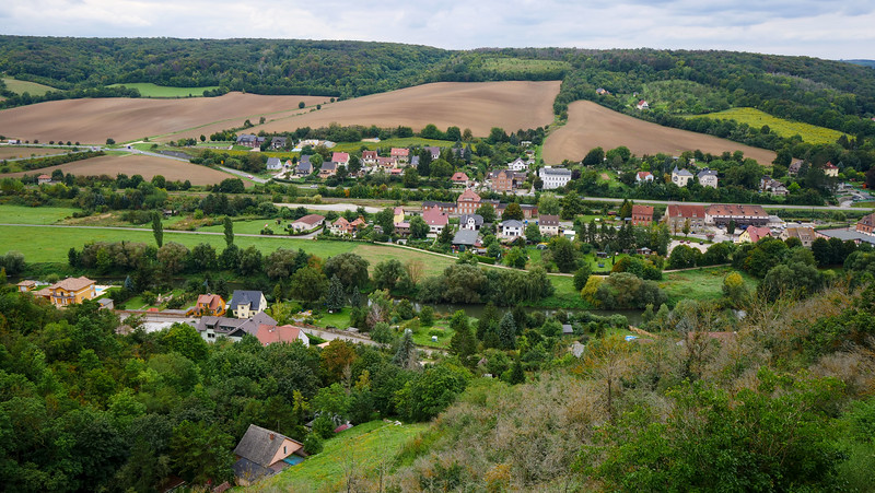 Views of the wine valley from Neuenburg Castle highlighting how greenery and farmland dominate the landscapes dotted with houses