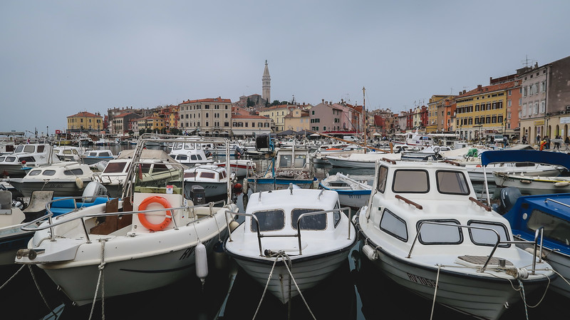 Views or Rovinj and the bell tower from the marina where there are a plethora of boats tied up to the docks in Croatia 