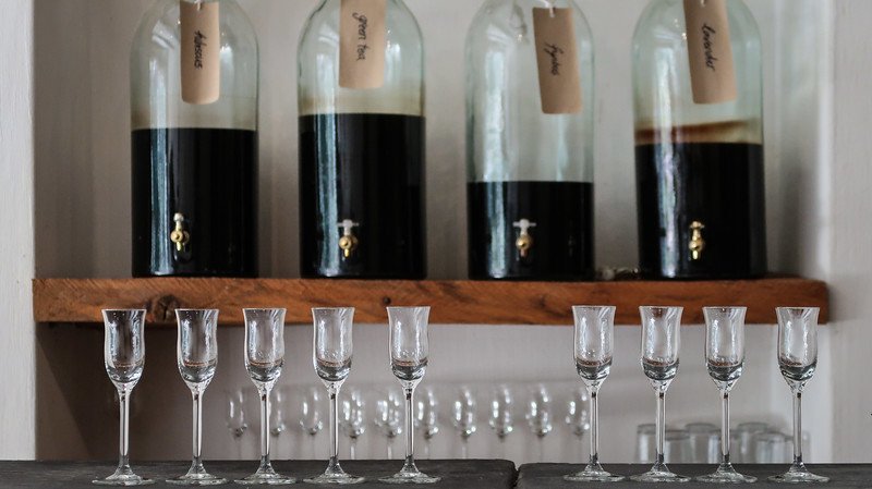 Vinegar tasting at Rozendal served in beautiful glasses that were thin and elegantly shaped in Stellenbosch, South Africa 