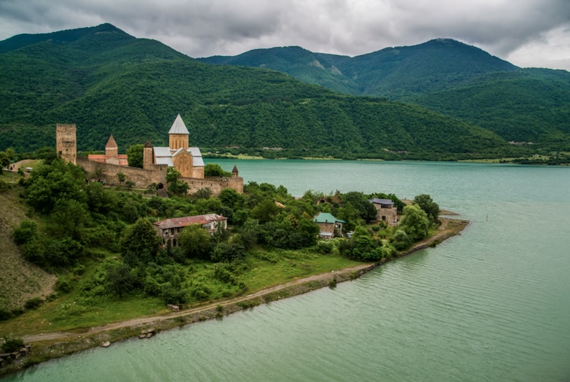 Visiting Ananuri on a road trip through Georgia where scenic views are around every corner