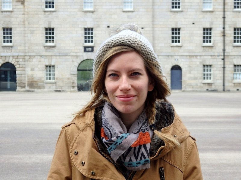 Visiting Dublin, Ireland is That Backpacker Audrey Bergner dressed for cold weather wearing warm clothes 