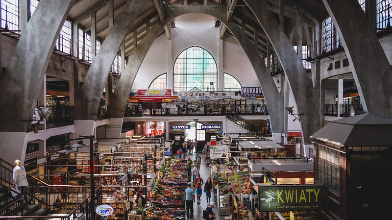 Visiting Hala Targowa in Wroclaw with an overhead perspective of the market Visiting Hala Targowa in Wroclaw with an overhead perspective of the market