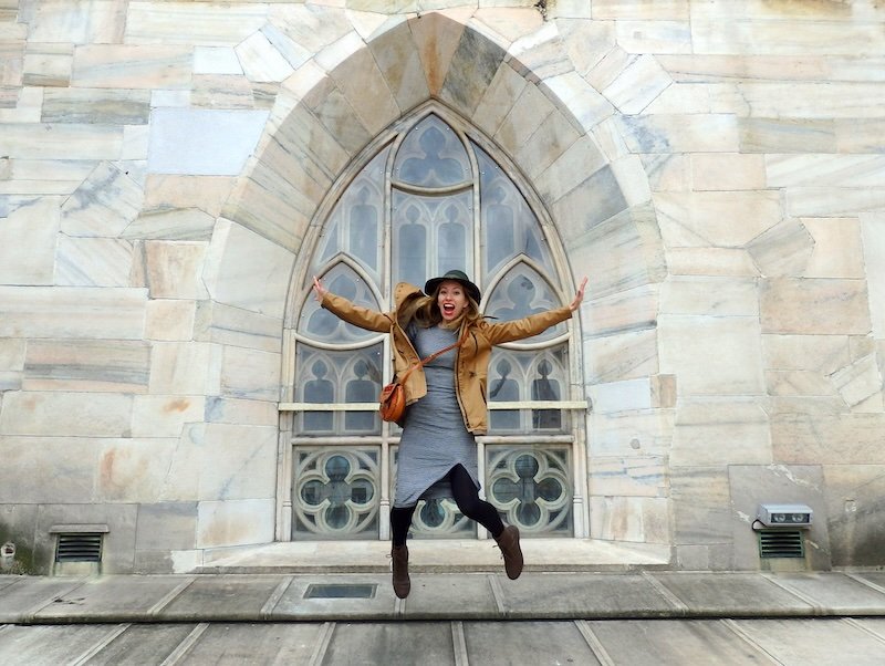Visiting Lombardy in spring or autumn is jacket weather as indicated by a jumping Audrey Bergner That Backpacker in Milan, Italy Visiting Lombardy in spring or autumn is jacket weather as indicated by a jumping Audrey Bergner That Backpacker in Milan, Italy