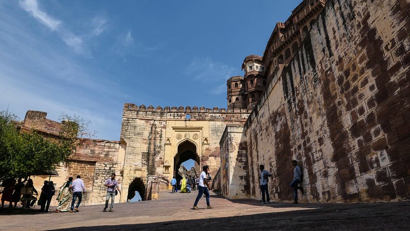 Visiting Mehrangarh Fort in Jodhpur with a low vantage angle point entering from a side gate in India