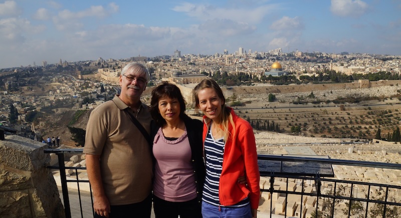 Visiting Mount of Olives with family including That Backpacker Audrey Bergner enjoying epic views in Israel 