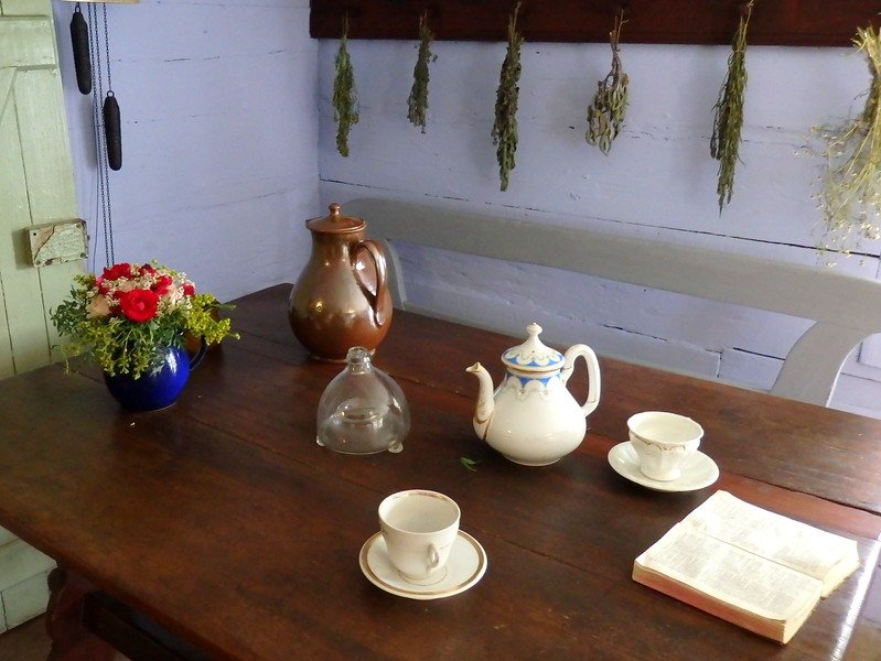 Visiting the interior of a Sorbian home in Germany with tea cups and tea set including a cute teapot with flowers and a book in Spreewald