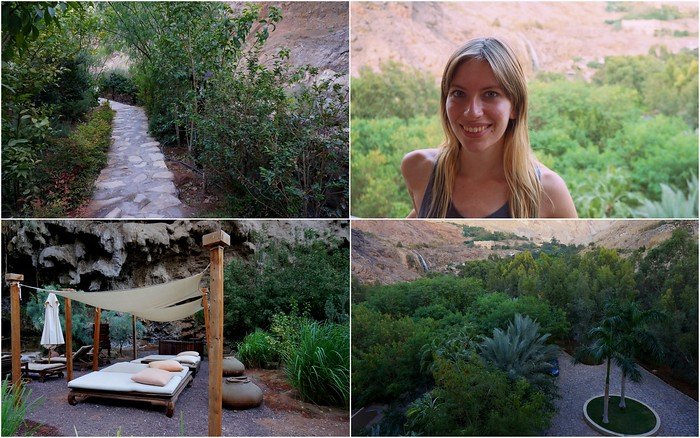 Visiting the Ma'in Hot Springs for some rest and relaxation in Jordan with pathways, resting area and a happy That Backpacker Audrey Bergner