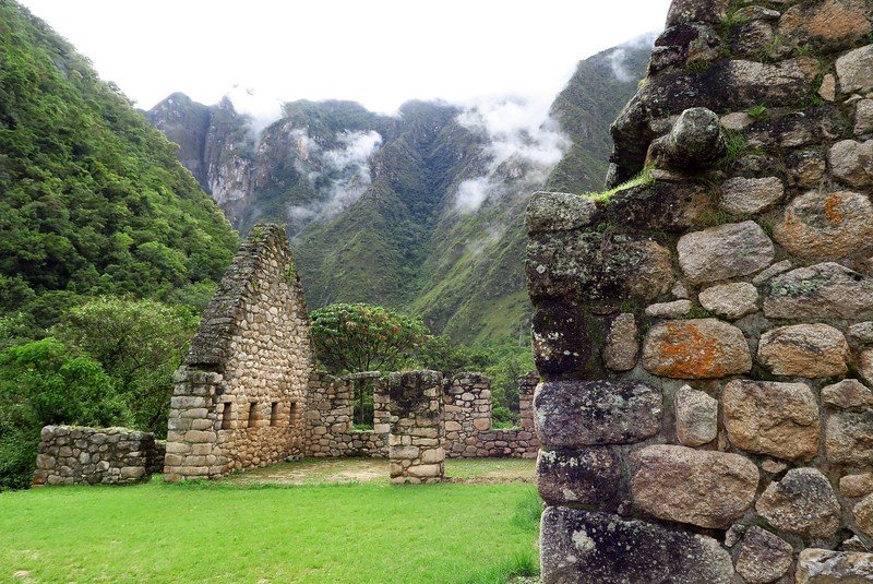 Visiting the ruins of Chachabamba on the Inca Trail, Peru with a viewpoint of the macro details of the stones