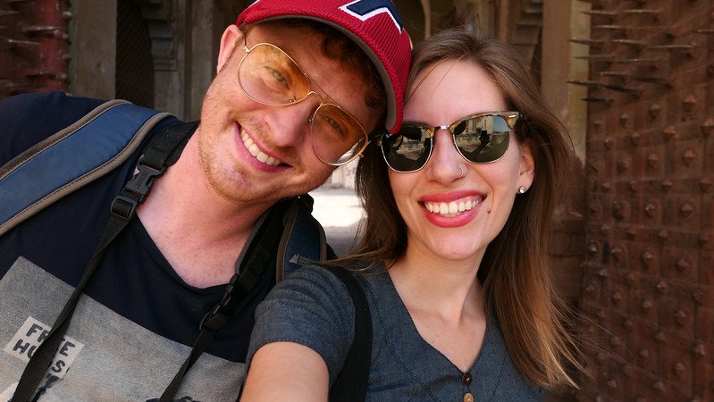 Wandering around Mehrangarh Fort in blue is Nomadic Samuel and Audrey Bergner That Backpacker in Jodhpur, Rajasthan, India 