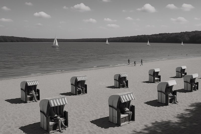 A black and white photograph of Wannsee beach near Berlin, Germany, captured from an elevated vantage point. A moderate number of striped beach chairs are scattered naturally across the sand, with a few people walking along the shoreline and several sailboats in the distance