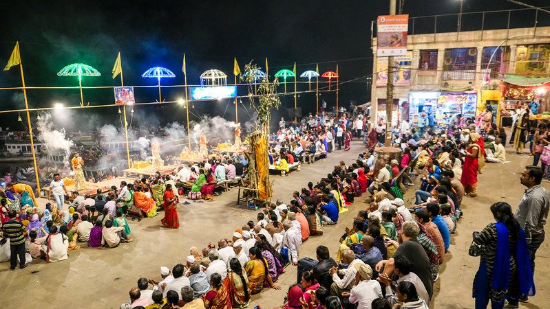 Watching the Ganga Aarti ceremony on Dashashwamedh Ghat in Varanasi from a high vantage point viewpoint