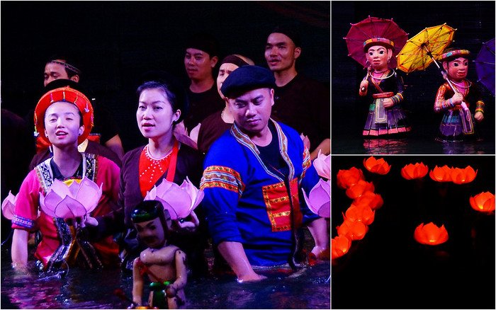 Water puppet performers in Hanoi, Vietnam, showcasing traditional cultural costumes and wooden puppets, with glowing lotus lanterns illuminating the stage during the show