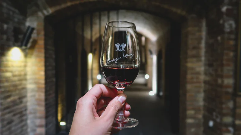We sampled 4 wines in the cellar at Bodegas Lopez in Mendoza with us holding up one here for a macro photo