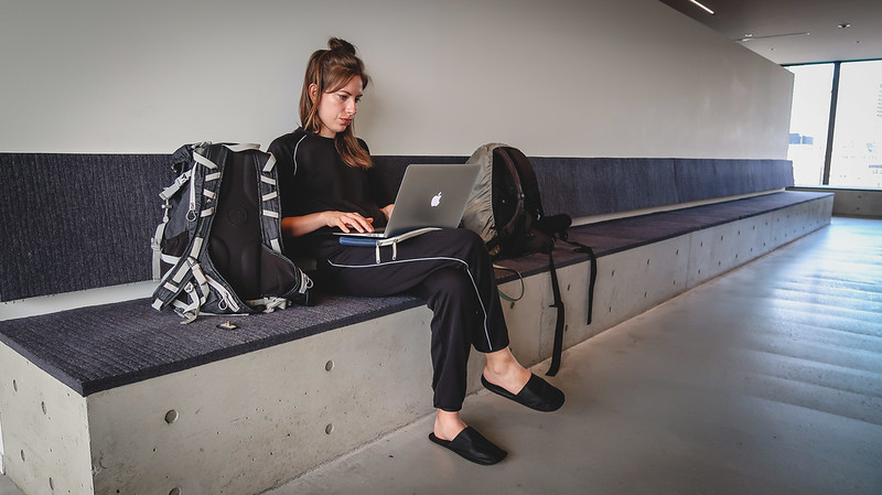 Wearing the pyjama set and slippers from 9 Hours capsule hotel with That Backpacker Audrey Bergner as the model Wearing the pyjama set and slippers from 9 Hours capsule hotel with That Backpacker Audrey Bergner as the model