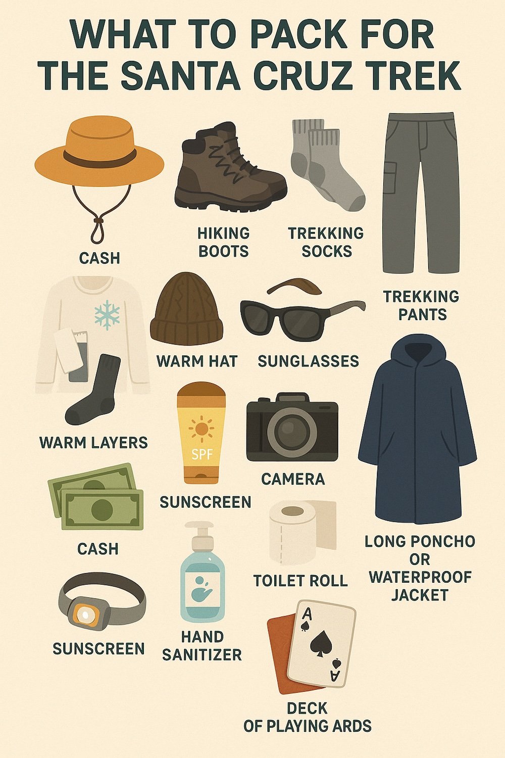 What to pack for the Santa Cruz trek in Peru infographic incuding hat, hiking boots, pants, sunscreen, poncho, cash and toilet rolls 