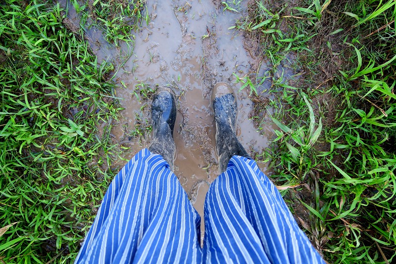 What to wear in the Amazon including comfortable pants and rubber boots for the mud and rain 