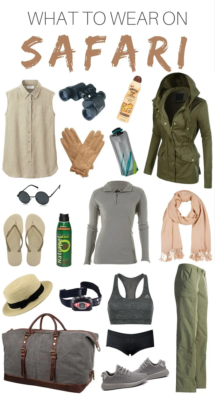Flat lay of essential safari clothing and gear for women, featuring lightweight neutral layers, olive green cargo pants and jacket, breathable tops, sports bra, scarf, wide-brim hat, sunglasses, hiking shoes, gloves, flip-flops, headlamp, binoculars, reusable water pouch, insect repellent, sunscreen, and a canvas duffel bag — ideal for packing for a safari adventure in Kruger National Park or other African reserves