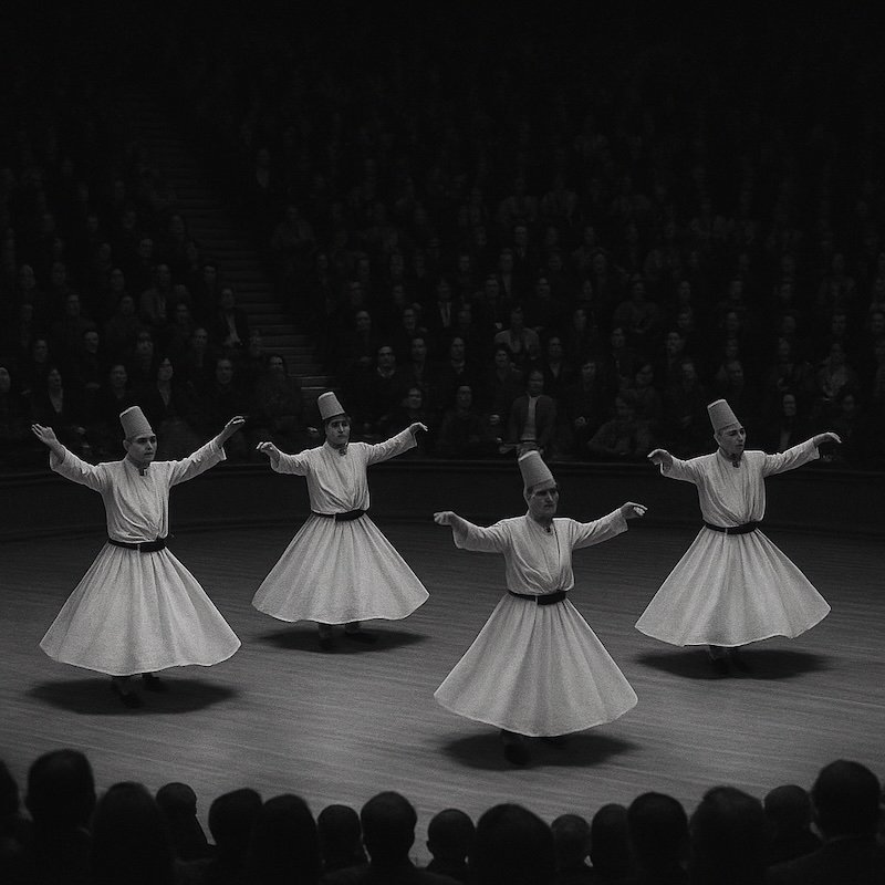 Whirling Dervish Sema performance for a tourist crowd showcasing culture and traditions in Turkey 