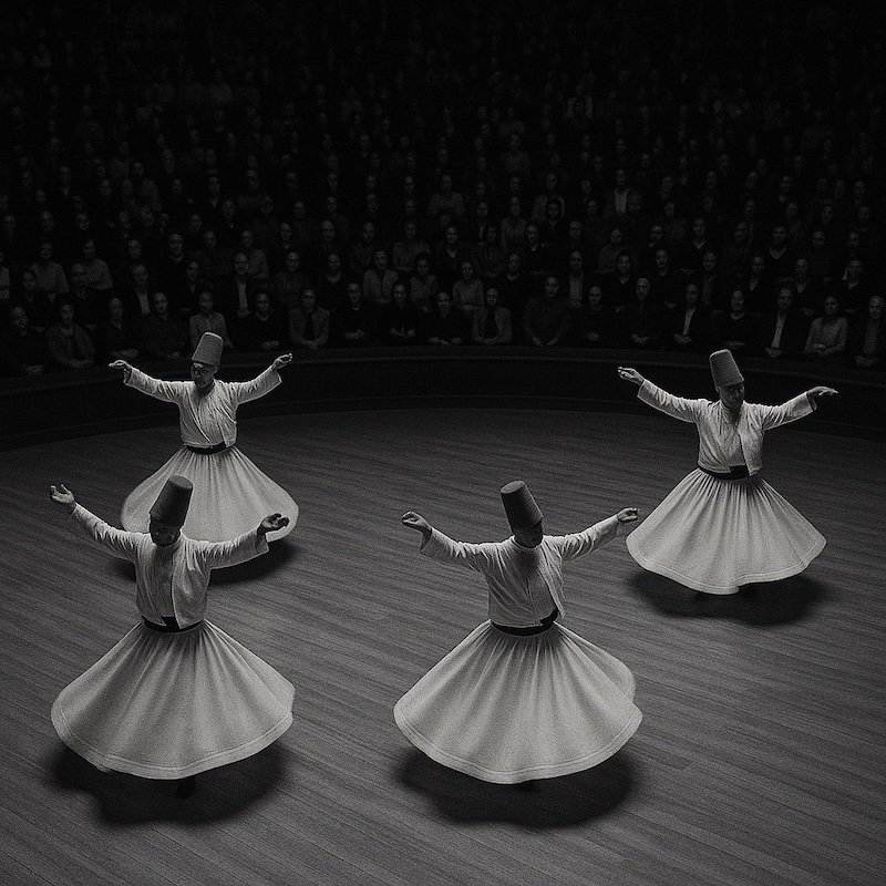 Whirling Dervish Sema performers on stage delighting the crowd in attendance and 