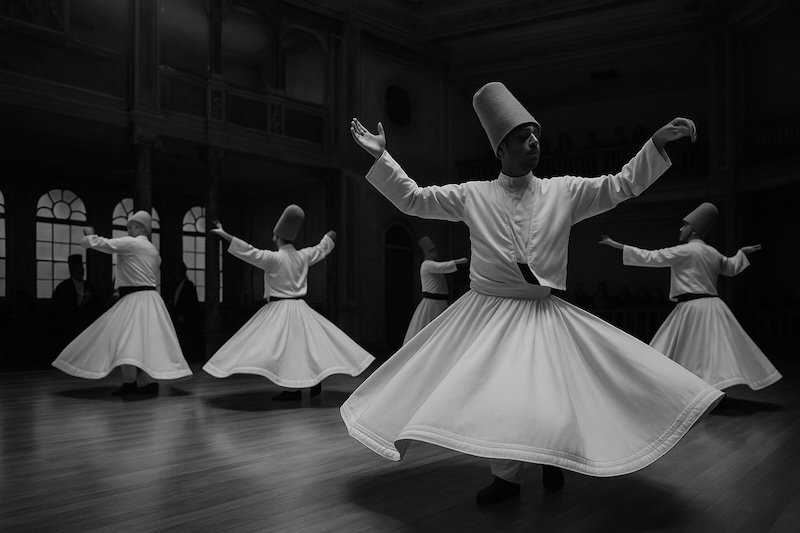 A black and white photograph of Whirling Dervishes performing the Sema ceremony inside a historic hall in Istanbul, Turkey. The dancers in white robes and tall hats spin gracefully with arms extended on a polished floor, illuminated by soft natural light, creating a serene spiritual atmosphere A black and white photograph of Whirling Dervishes performing the Sema ceremony inside a historic hall in Istanbul, Turkey. The dancers in white robes and tall hats spin gracefully with arms extended on a polished floor, illuminated by soft natural light, creating a serene spiritual atmosphere