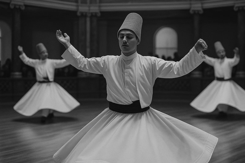 A black and white photograph capturing a wide view of a Sema ceremony in Istanbul, Turkey. Three Whirling Dervishes in white robes and tall hats spin gracefully on a polished wooden floor inside a grand hall with arches and an audience watching from the balcony A black and white photograph capturing a wide view of a Sema ceremony in Istanbul, Turkey. Three Whirling Dervishes in white robes and tall hats spin gracefully on a polished wooden floor inside a grand hall with arches and an audience watching from the balcony