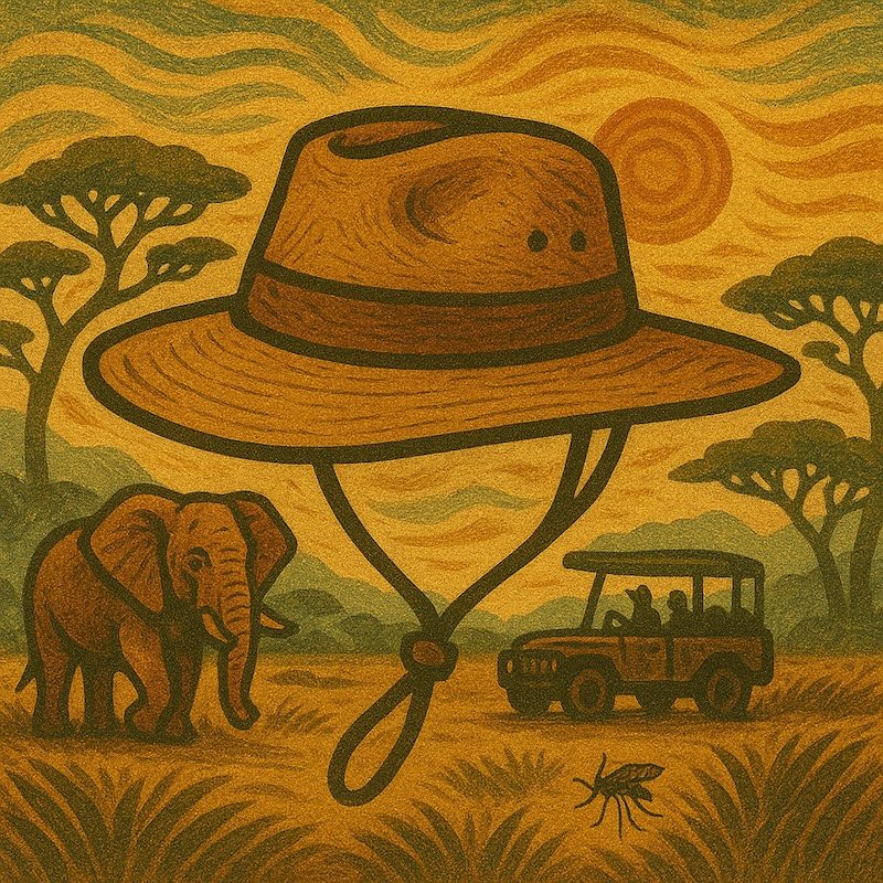 Illustrated safari scene featuring a wide-brimmed sun hat with chin strap floating above an African elephant, a safari jeep with passengers, and a tsetse fly in the grass—highlighting ideal protective headwear for sunny savanna environments