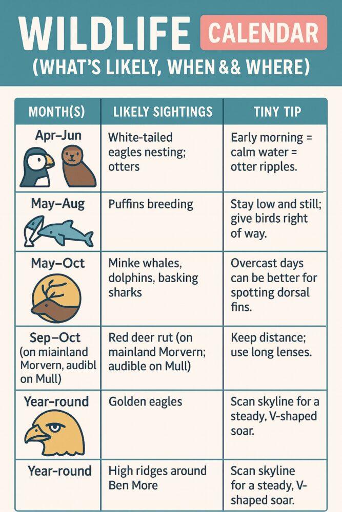 Wildlife calendar on the Isle of Mull located on the Scottish Highlands with chances of spotting wildlife and what creatures you will likely encounter 