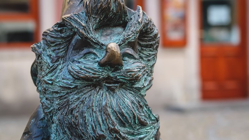 Wroclaw gnome macro details of its beard up close in Poland 