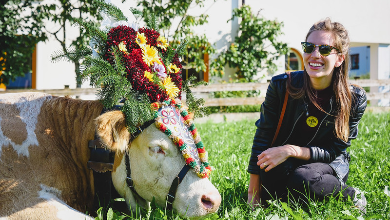 You can pose with the cows after the parade through town as shown by That Backpacker Audrey Bergner wearing a big smile in the Austrian Alps