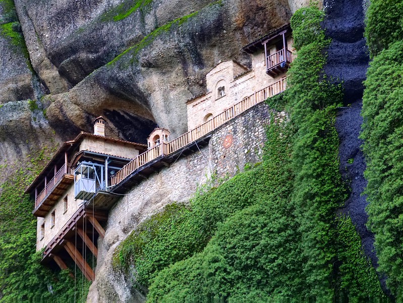 Ypapanti Monastery in Meteora, Greece from a low vantage point highlighting how steep it is from that perspective 