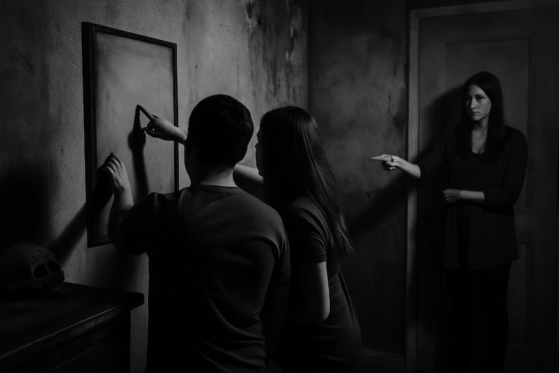 A black and white photograph of two players focused on solving a puzzle on a wall inside a zombie-themed escape room, while an assistant stands quietly in the corner. She subtly points toward a clue without speaking. The moody lighting highlights the tense, immersive atmosphere