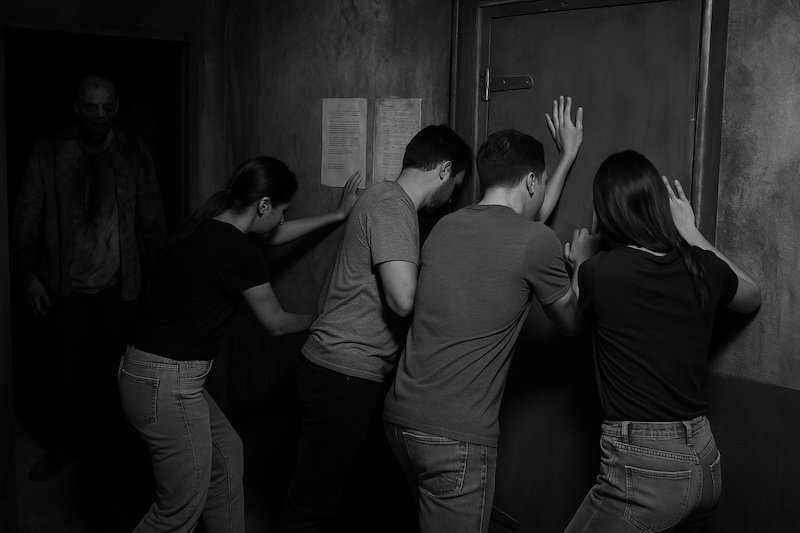 A black and white photograph of four people working together to push open a locked door inside a zombie-themed escape room. They face the door with determination, while a shadowy zombie figure lurks in the background. The dim lighting and peeling walls heighten the suspenseful atmosphere