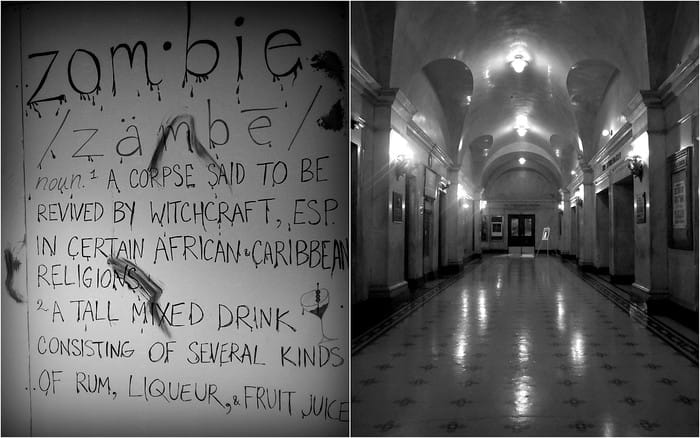 Zombie posters on the wall and unique architecture for this escape room game in Chicago 