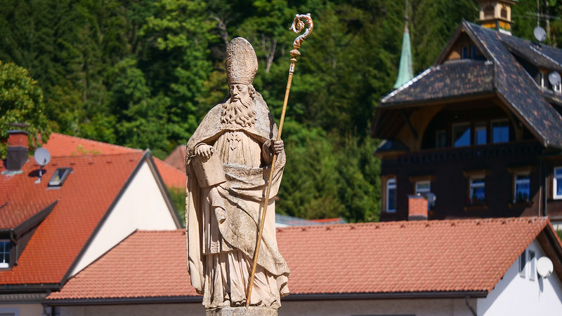 Zoomed in sculpture of the patron saint of Sankt Blasien during our Black Forest road trip in Germany 
